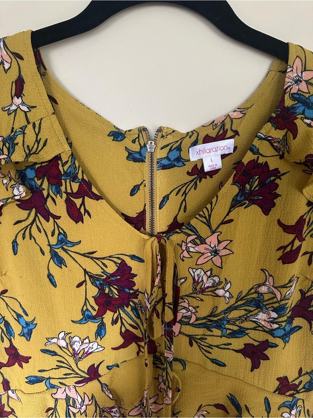 Xhilaration Mustard Yellow Floral Tie-Front Top